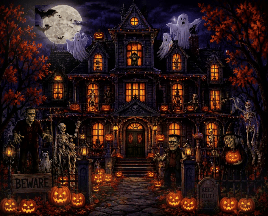 A welcoming Halloween manor glowing beneath the moon